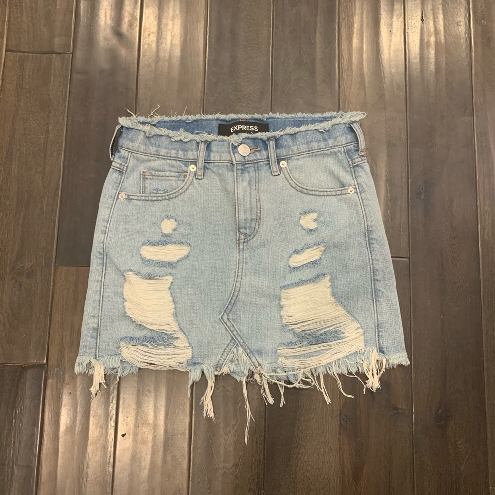 Express Distressed Mini Skirt in a Light Wash
